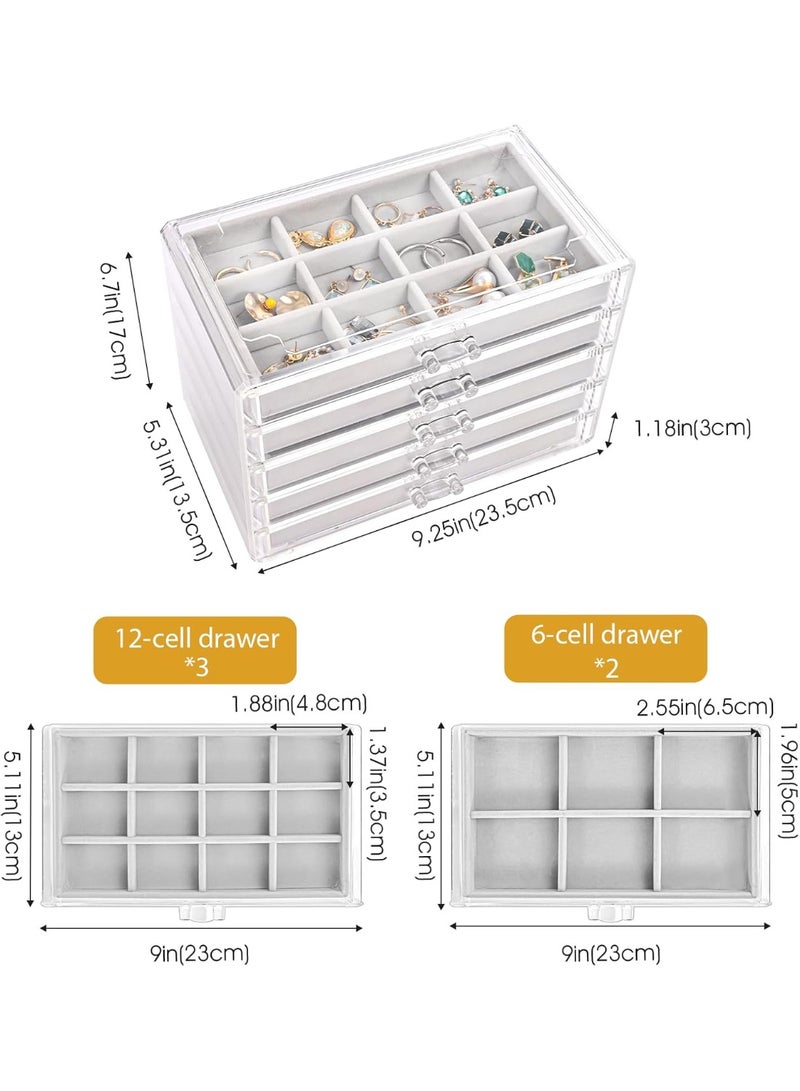 Bukela Earring Holder Organizer Jewelry Box with 5 Drawers, Acrylic Clear Earring Case with Adjustable Velvet Trays for Women - Grey, 5 Layers - Image 3